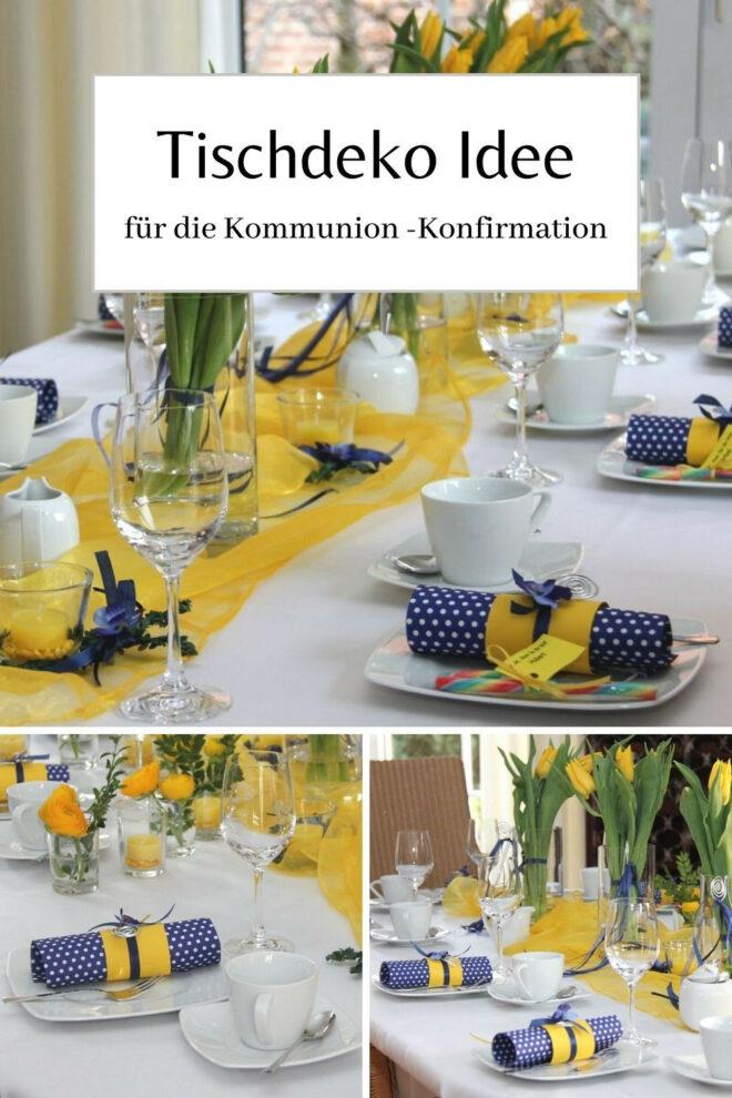 Tischdekoration zur Kommunion in gelb und blau
