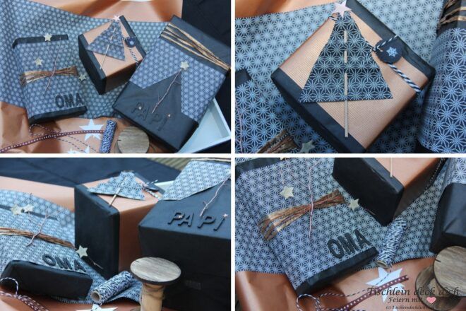 weihnachtliche Geschenkverpackung in kupfer, schwarz, weiß