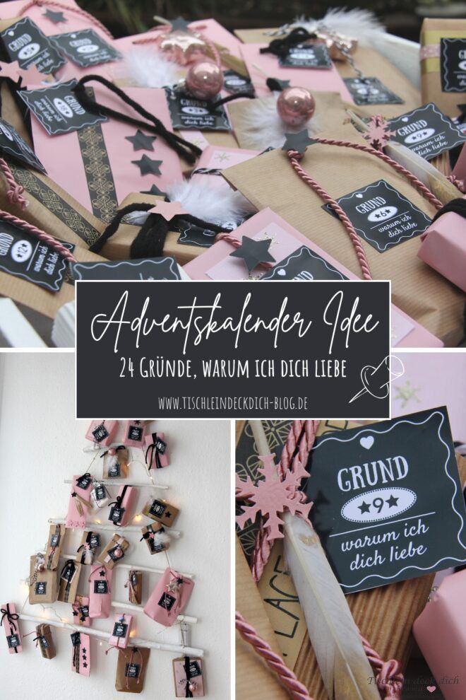 Piterest Pin für einen Adventskalender in rosa schwarz - 24 Gründe, warum ich dich liebe
