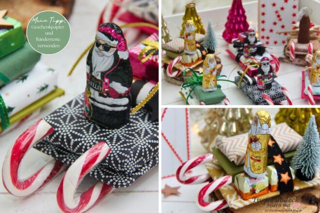 Nikolausschlitten DIY - basteln mit Zuckerstangen, kleinen Schokoladen Nikoläusen