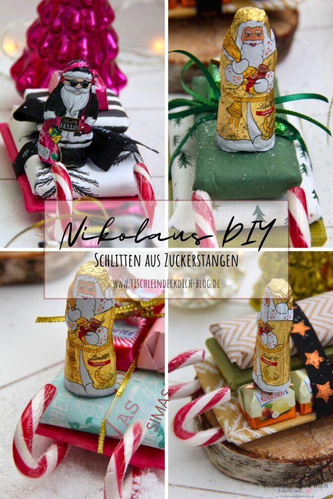 Nikolausgeschenk basteln aus Zuckerstangen, Süßigkeiten und Nikoläusen aus Schokolade für Pinterest