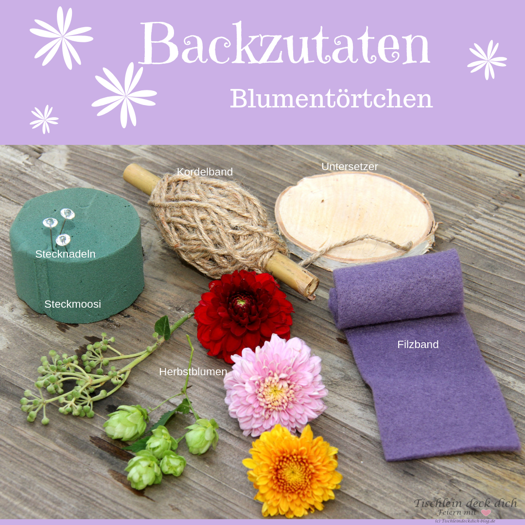 Blumentörtchen stecken mit Herbstblumen Filzband und Steckmoosi