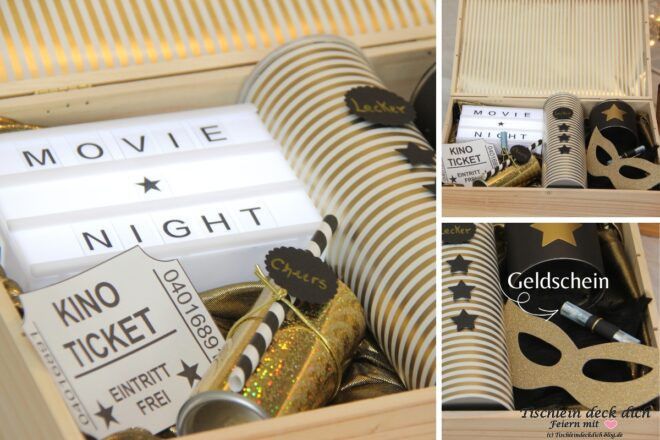 Holzkiste mit glamourösem Inhalt zur Movie Night mit Kinoticket und Geldgeschenk
