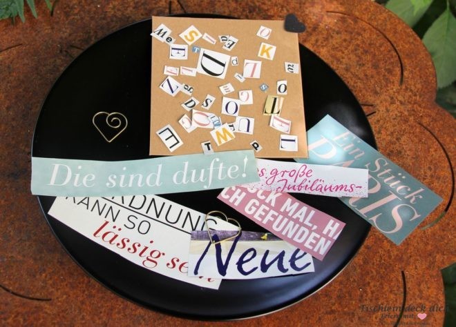 Buchstabensalat - Tischkarten basteln aus alten Zeitschriften