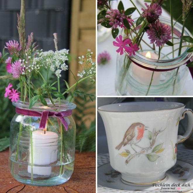 Windlichter mit Wiesenblumen, perfekt für die Kaffeetafel