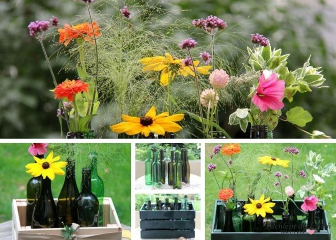 Weinflaschen Upcycling für Wiesenblumen