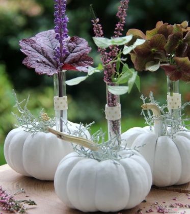 bunte Kürbisdeko mit Baby Boos und Herbstblumen