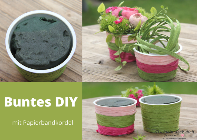 buntes DIY mit Papierbandkordel, Joghurtbecher und Blumen