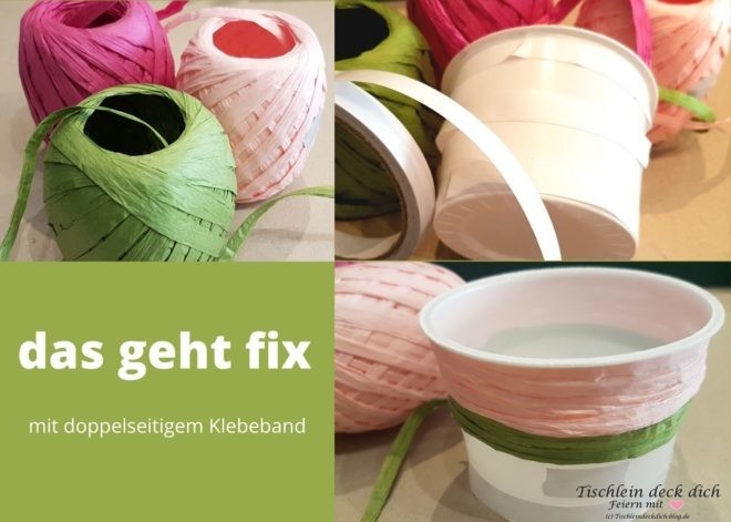 Joghurtbecher upcyclen mit Papierbandkordel