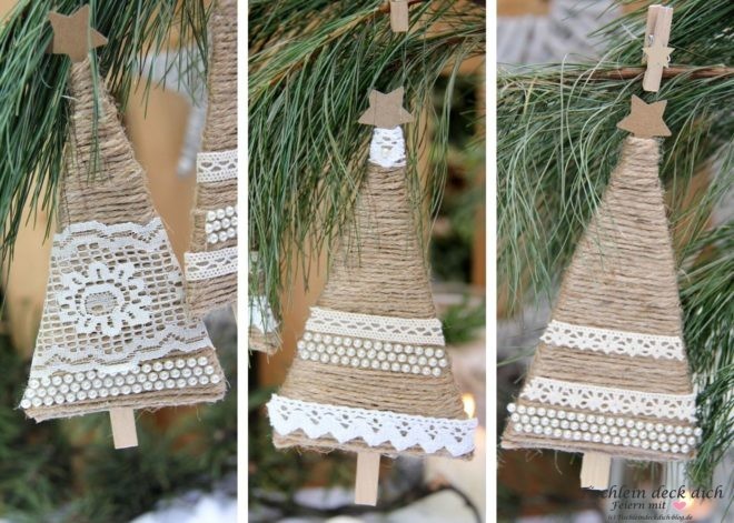 Weihnachtlicher Baumschmuck aus Jutekordel und Pappkarton