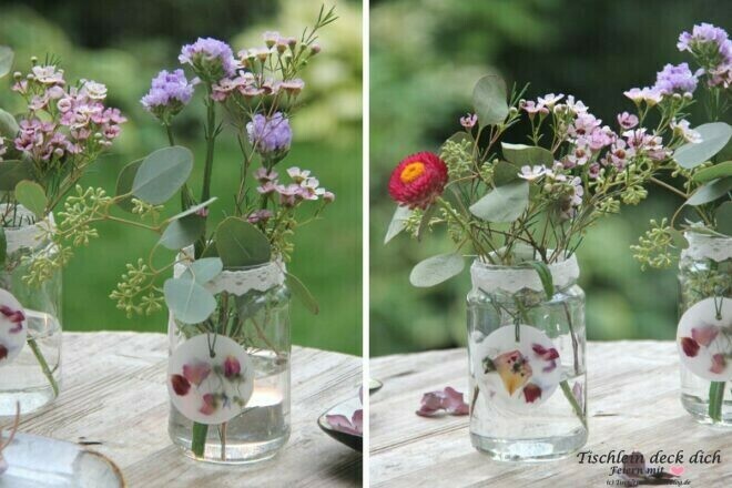 spätsommerliche Blumendekoration mit Marmeladengläsern