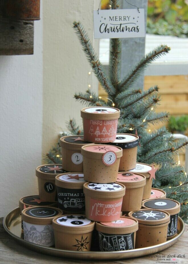 Adventskalender basteln aus Bechern