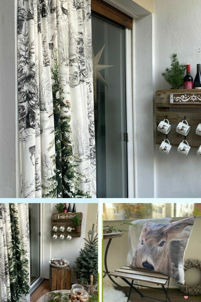 weihnachtliche Balkondekoration mit Vorhang und Kissen