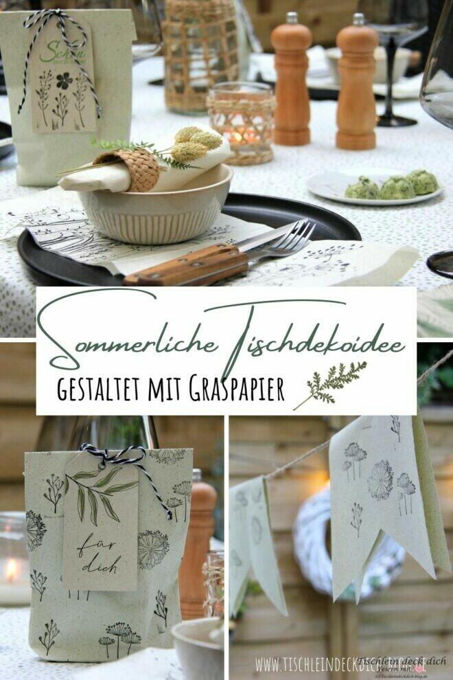 sommerliche Tischdekoidee mit Graspapier Pinterest Pin
