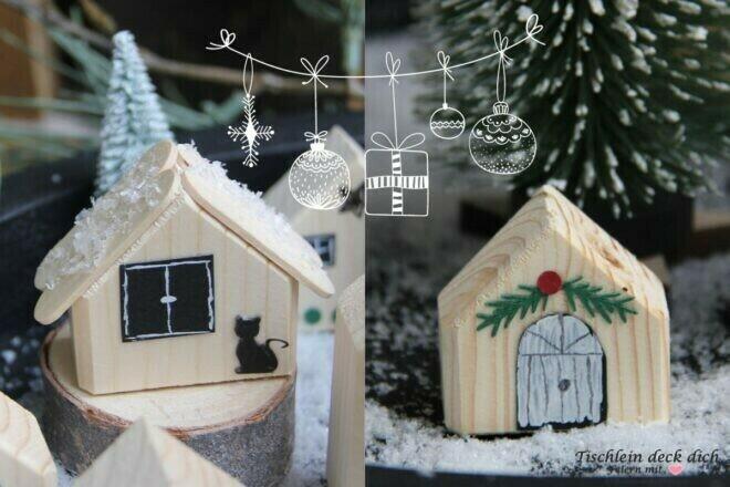 Adventskalenderdorf aus Holzhäuschen
