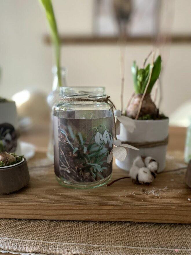 Konservenglas bekleben mit Transparentpapier mit Schneeglöckchen Motiv