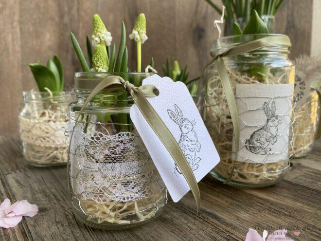 Basteln mit Hasendraht, Konservengläser österlich