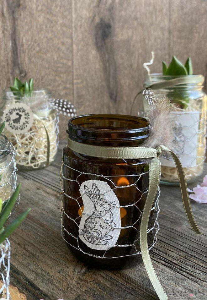 Braunglas Upcyclingidee für Ostern mit Hasendraht