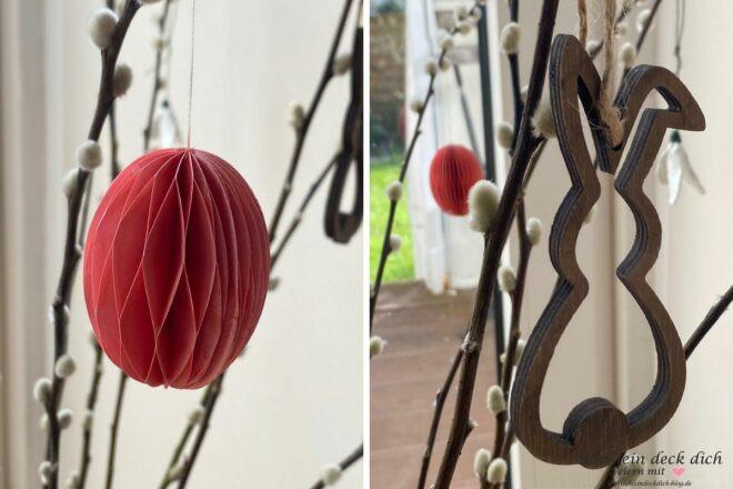 Plissee Ei in rot und Holzhase