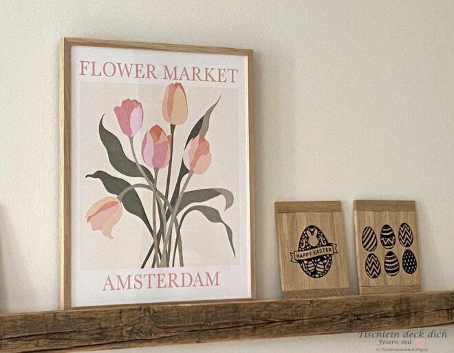 Poster im Holzrahmen mit Tulpen und Spruch Flower market Amsterdam