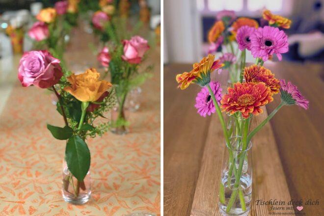 Blumendekoration für die Tischdekoration zum runden Geburtstag, pinke und orange Gerbera und Rosen