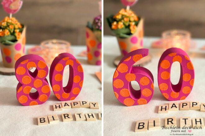 Tischdekoration zum runden Geburtstag, Zahlen aus Pappmaché in pink und orange