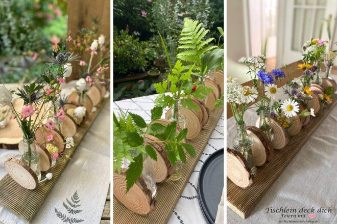 Rustikale Dekoration mit Holzbrett und Baumscheiben und unterschiedlichen Blumen