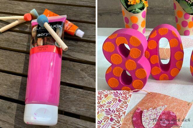 Tischdekoration zum runden Geburtstag, Zahlen aus Pappmaché in pink und orange