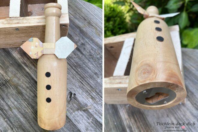 Flaschenöffner aus Holz mit Geldschein Fliege