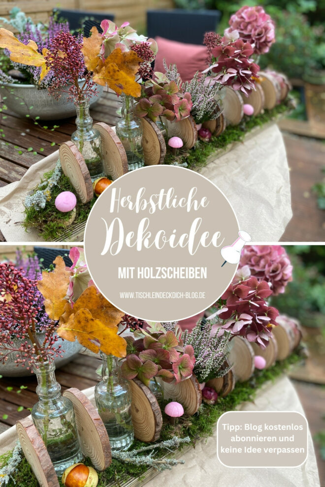 Pinterest Pin für herbstliche Dekoration auf Holzbrett mit Holzscheiben