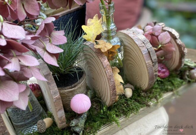 herbstliche Dekoration mit Baumscheiben