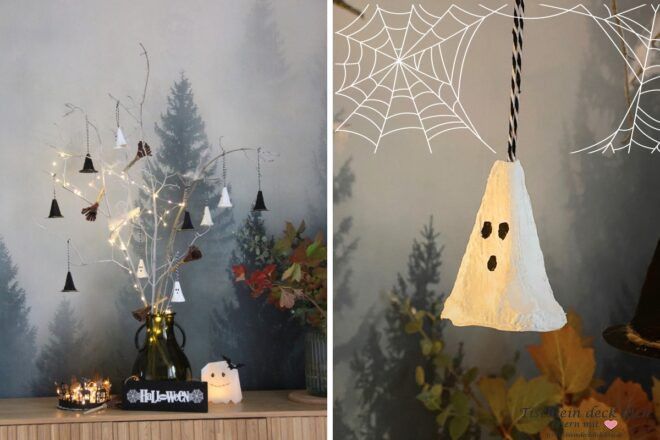 Halloweendeko aus Eierkartons an Zweigen dekorieren