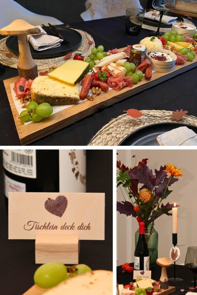 Wein und -Kaeseabend, Dekoration auf einem Holzbrett