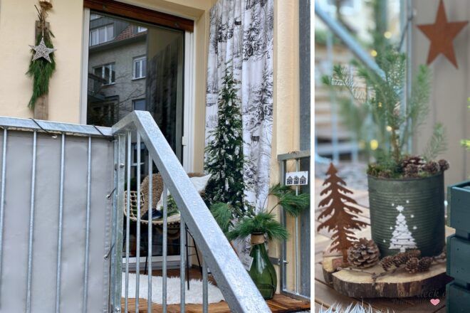 weihnachtlich dekorierter Balkon mit Vorhang