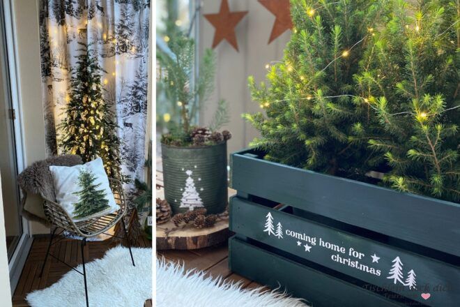 Balkondeko weihnachtlich mit Vorhang mit Waldmotiv