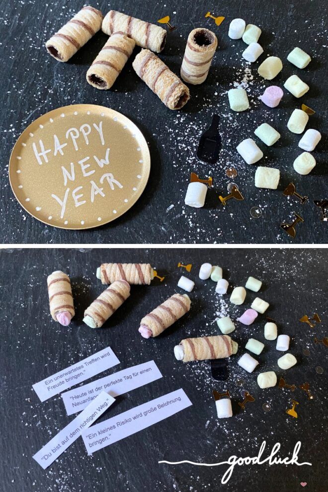 Glückskekse aus Waffelröllchen für Silvester und Neujahr