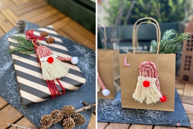 Geschenkverpackung und Geschnktüten mit Weihnachtsmann DIY mit Kordel