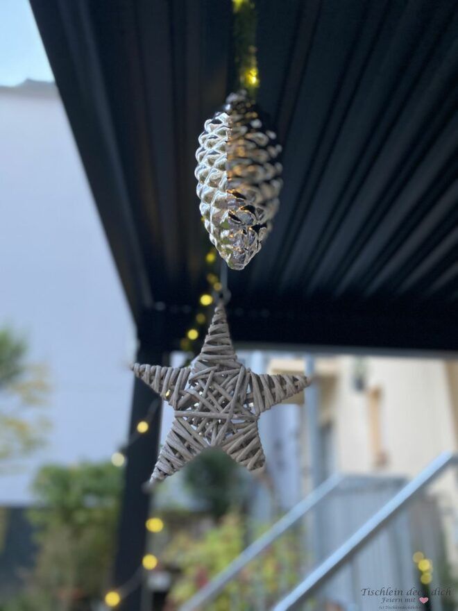 Weihnachtsdeko mit Stern und silbernen Tannenzapfen