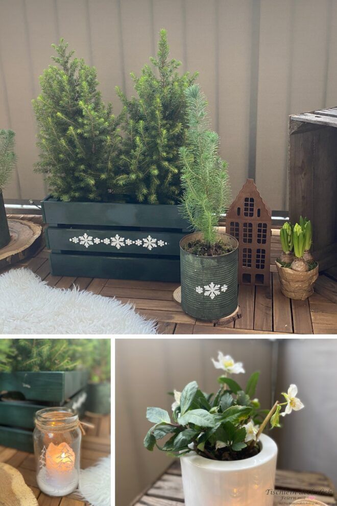 winterliche Balkondekoration mit Zuckerfichten und gruener Holzkiste
