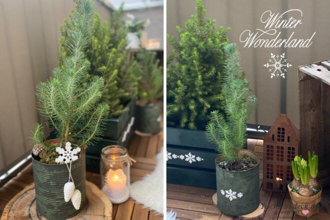winterliche Balkondekoration in grün