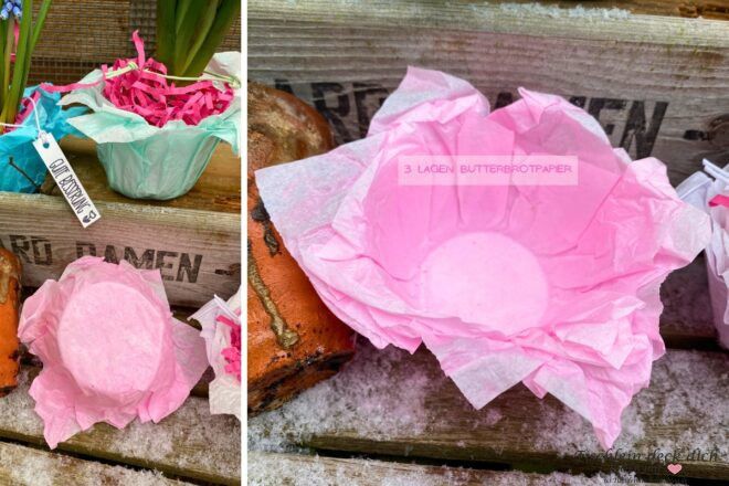 Schälchen DIY aus Butterbrotpapier bunt gefärbt