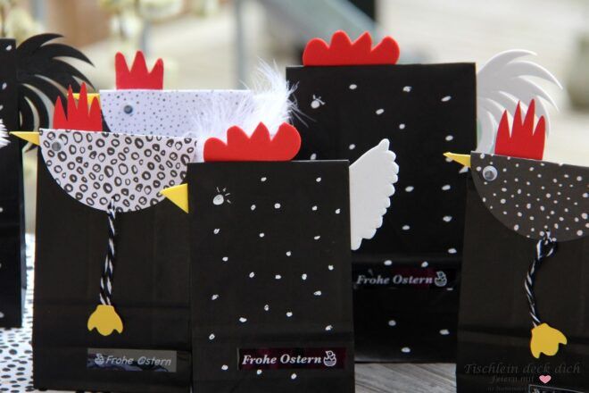 Ostertüten Hahn und Henne basteln mit schwarzen Tüten