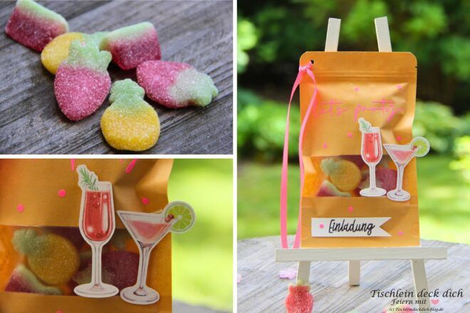 Einladung zur Cocktailparty, Idee für die Einladung mit Standbodenbeuteln mit Sichtfenster