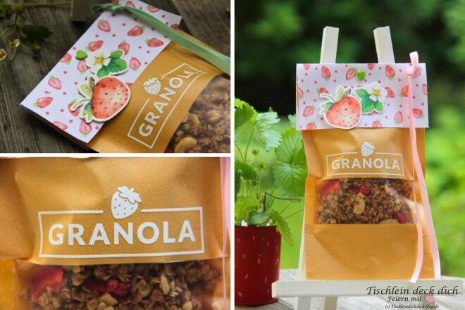Erdbeer-Granola in verschließparer Papiertüte mit Sichtfenster