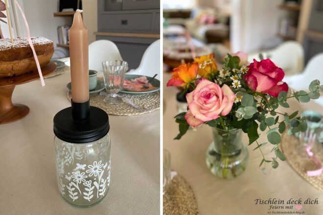 Geburtstagskerze und Rosen zum Geburtstag