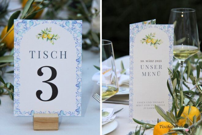 Tisch- und Menükarten für die Hochzeit im mediterranen Stil
