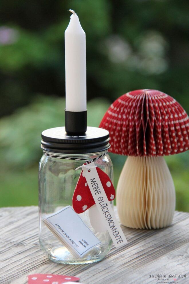 Kerzenglas für Glücksmomente mit Fliegenpilzdeko