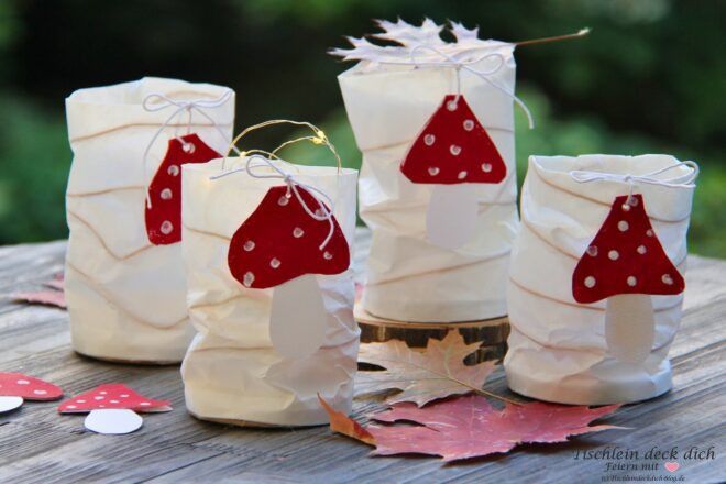 herbstliche Laternen aus Butterbrotpapier mit Fliegenpilz