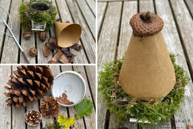 Dach basteln für ein Wichtelhaus aus Pappe und Kiefernzapfen