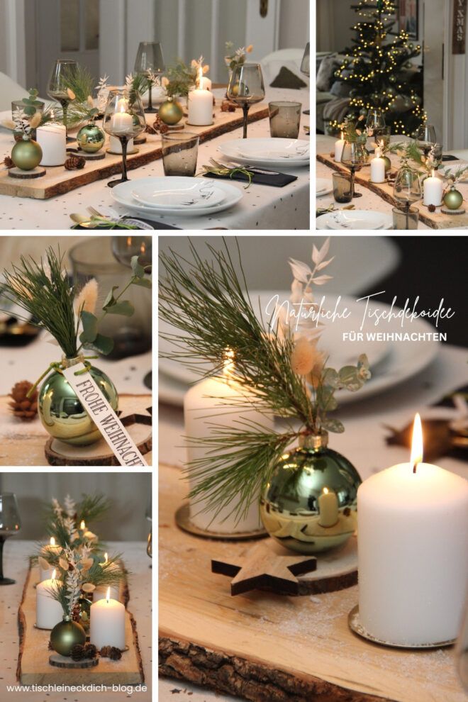 Tischdekoidee für eine natürliche weihnachtliche Tafel in Naturtönen mit grün